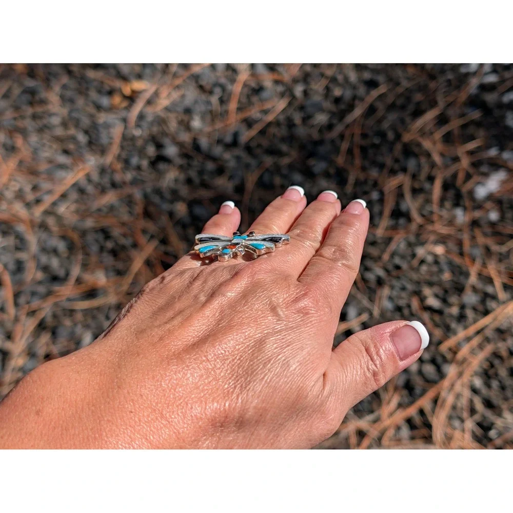 Zuni Inlay Ring Multi-Stone Insect Sterling Silver Sz 6.25 Signed Pinto‎